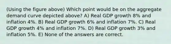 (Using the figure above) Which point would be on the aggregate demand curve depicted above? A) Real GDP growth 8% and inflation 4%. B) Real GDP growth 6% and inflation 7%. C) Real GDP growth 4% and inflation 7%. D) Real GDP growth 3% and inflation 5%. E) None of the answers are correct.