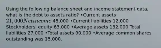 Using the following balance sheet and income statement data, what is the debt to assets ratio? •Current assets 21,000 Net income 45,000 •Current liabilities 12,000 Stockholders' equity 63,000 •Average assets 132,000 Total liabilities 27,000 •Total assets 90,000 •Average common shares outstanding was 15,000.