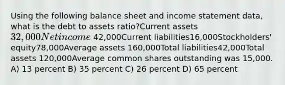 Using the following balance sheet and income statement data, what is the debt to assets ratio?Current assets32,000Net income 42,000Current liabilities16,000Stockholders' equity78,000Average assets 160,000Total liabilities42,000Total assets 120,000Average common shares outstanding was 15,000. A) 13 percent B) 35 percent C) 26 percent D) 65 percent