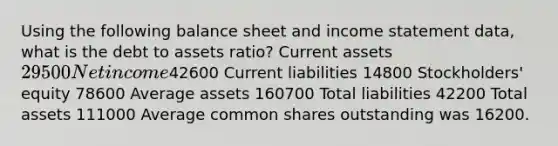 Using the following balance sheet and <a href='https://www.questionai.com/knowledge/kCPMsnOwdm-income-statement' class='anchor-knowledge'>income statement</a> data, what is the debt to assets ratio? Current assets 29500 Net income42600 Current liabilities 14800 Stockholders' equity 78600 Average assets 160700 Total liabilities 42200 Total assets 111000 Average common shares outstanding was 16200.