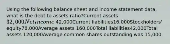 Using the following balance sheet and income statement data, what is the debt to assets ratio?Current assets32,000Net income 42,000Current liabilities16,000Stockholders' equity78,000Average assets 160,000Total liabilities42,000Total assets 120,000Average common shares outstanding was 15,000.