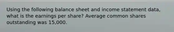 Using the following balance sheet and income statement data, what is the earnings per share? Average common shares outstanding was 15,000.