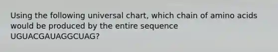 Using the following universal chart, which chain of <a href='https://www.questionai.com/knowledge/k9gb720LCl-amino-acids' class='anchor-knowledge'>amino acids</a> would be produced by the entire sequence UGUACGAUAGGCUAG?