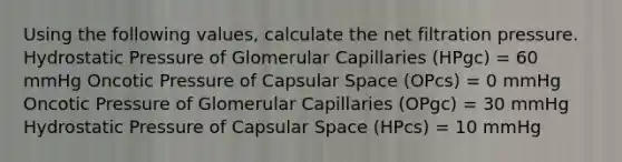 Using the following values, calculate the net filtration pressure. Hydrostatic Pressure of Glomerular Capillaries (HPgc) = 60 mmHg Oncotic Pressure of Capsular Space (OPcs) = 0 mmHg Oncotic Pressure of Glomerular Capillaries (OPgc) = 30 mmHg Hydrostatic Pressure of Capsular Space (HPcs) = 10 mmHg