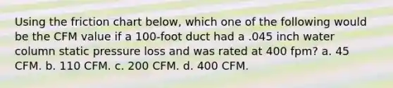 Using the friction chart below, which one of the following would be the CFM value if a 100-foot duct had a .045 inch water column static pressure loss and was rated at 400 fpm? a. 45 CFM. b. 110 CFM. c. 200 CFM. d. 400 CFM.