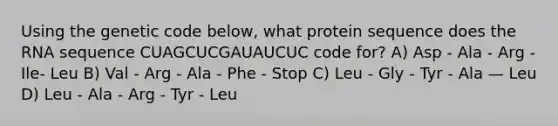 Using the genetic code below, what protein sequence does the RNA sequence CUAGCUCGAUAUCUC code for? A) Asp - Ala - Arg - Ile- Leu B) Val - Arg - Ala - Phe - Stop C) Leu - Gly - Tyr - Ala — Leu D) Leu - Ala - Arg - Tyr - Leu