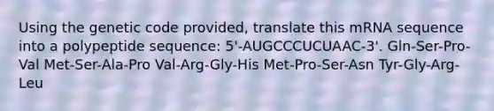 Using the genetic code provided, translate this mRNA sequence into a polypeptide sequence: 5'-AUGCCCUCUAAC-3'. Gln-Ser-Pro-Val Met-Ser-Ala-Pro Val-Arg-Gly-His Met-Pro-Ser-Asn Tyr-Gly-Arg-Leu