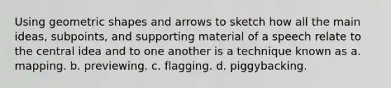 Using geometric shapes and arrows to sketch how all the main ideas, subpoints, and supporting material of a speech relate to the central idea and to one another is a technique known as a. mapping. b. previewing. c. flagging. d. piggybacking.