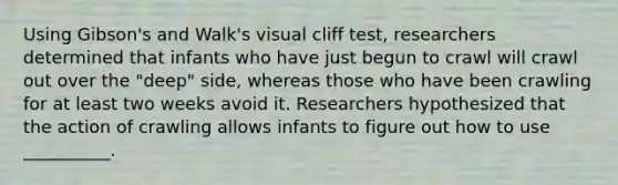 Using Gibson's and Walk's visual cliff test, researchers determined that infants who have just begun to crawl will crawl out over the "deep" side, whereas those who have been crawling for at least two weeks avoid it. Researchers hypothesized that the action of crawling allows infants to figure out how to use __________.