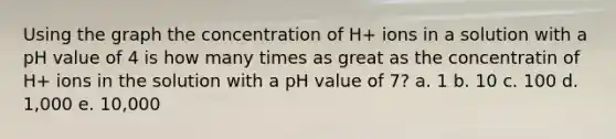 Using the graph the concentration of H+ ions in a solution with a pH value of 4 is how many times as great as the concentratin of H+ ions in the solution with a pH value of 7? a. 1 b. 10 c. 100 d. 1,000 e. 10,000