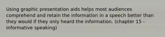 Using graphic presentation aids helps most audiences comprehend and retain the information in a speech better than they would if they only heard the information. (chapter 15 - informative speaking)