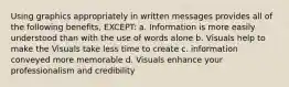 Using graphics appropriately in written messages provides all of the following benefits, EXCEPT: a. Information is more easily understood than with the use of words alone b. Visuals help to make the Visuals take less time to create c. information conveyed more memorable d. Visuals enhance your professionalism and credibility