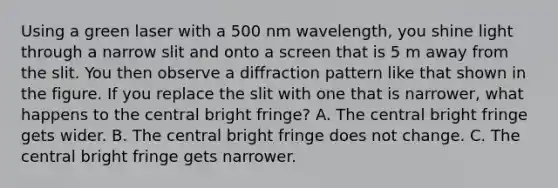 Using a green laser with a 500 nm wavelength, you shine light through a narrow slit and onto a screen that is 5 m away from the slit. You then observe a diffraction pattern like that shown in the figure. If you replace the slit with one that is narrower, what happens to the central bright fringe? A. The central bright fringe gets wider. B. The central bright fringe does not change. C. The central bright fringe gets narrower.