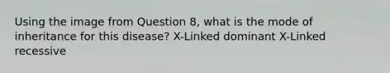 Using the image from Question 8, what is the mode of inheritance for this disease? X-Linked dominant X-Linked recessive