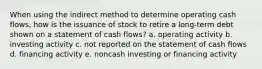 When using the indirect method to determine operating cash flows, how is the issuance of stock to retire a long-term debt shown on a statement of cash flows? a. operating activity b. investing activity c. not reported on the statement of cash flows d. financing activity e. noncash investing or financing activity