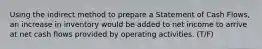 Using the indirect method to prepare a Statement of Cash Flows, an increase in inventory would be added to net income to arrive at net cash flows provided by operating activities. (T/F)