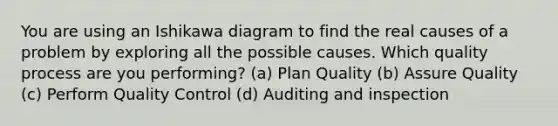 You are using an Ishikawa diagram to find the real causes of a problem by exploring all the possible causes. Which quality process are you performing? (a) Plan Quality (b) Assure Quality (c) Perform Quality Control (d) Auditing and inspection