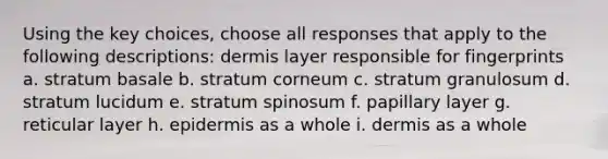 Using the key choices, choose all responses that apply to the following descriptions: dermis layer responsible for fingerprints a. stratum basale b. stratum corneum c. stratum granulosum d. stratum lucidum e. stratum spinosum f. papillary layer g. reticular layer h. epidermis as a whole i. dermis as a whole