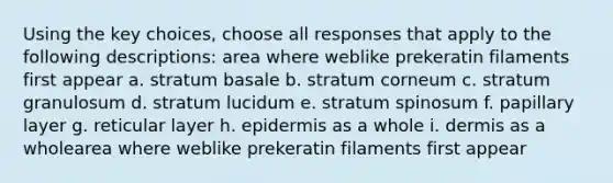 Using the key choices, choose all responses that apply to the following descriptions: area where weblike prekeratin filaments first appear a. stratum basale b. stratum corneum c. stratum granulosum d. stratum lucidum e. stratum spinosum f. papillary layer g. reticular layer h. epidermis as a whole i. dermis as a wholearea where weblike prekeratin filaments first appear