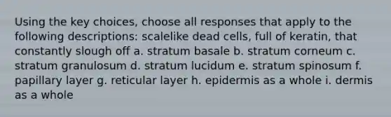 Using the key choices, choose all responses that apply to the following descriptions: scalelike dead cells, full of keratin, that constantly slough off a. stratum basale b. stratum corneum c. stratum granulosum d. stratum lucidum e. stratum spinosum f. papillary layer g. reticular layer h. epidermis as a whole i. dermis as a whole