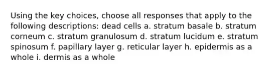 Using the key choices, choose all responses that apply to the following descriptions: dead cells a. stratum basale b. stratum corneum c. stratum granulosum d. stratum lucidum e. stratum spinosum f. papillary layer g. reticular layer h. epidermis as a whole i. dermis as a whole