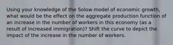 Using your knowledge of the Solow model of economic growth, what would be the effect on the aggregate production function of an increase in the number of workers in this economy (as a result of increased immigration)? Shift the curve to depict the impact of the increase in the number of workers.