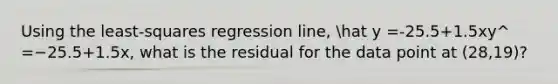 Using the least-squares regression line, hat y =-25.5+1.5xy^​=−25.5+1.5x, what is the residual for the data point at (28,19)?