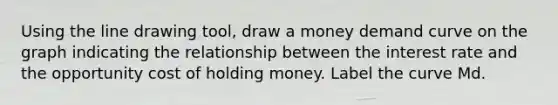 Using the line drawing tool​, draw a money demand curve on the graph indicating the relationship between the interest rate and the opportunity cost of holding money. Label the curve Md.