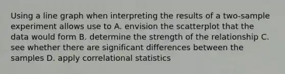 Using a line graph when interpreting the results of a two-sample experiment allows use to A. envision the scatterplot that the data would form B. determine the strength of the relationship C. see whether there are significant differences between the samples D. apply correlational statistics