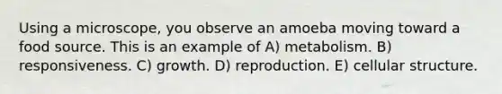 Using a microscope, you observe an amoeba moving toward a food source. This is an example of A) metabolism. B) responsiveness. C) growth. D) reproduction. E) cellular structure.