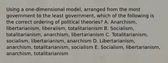 Using a one-dimensional model, arranged from the most government to the least government, which of the following is the correct ordering of political theories? A. Anarchism, libertarianism, liberalism, totalitarianism B. Socialism, totalitarianism, anarchism, libertarianism C. Totalitarianism, socialism, libertarianism, anarchism D. Libertarianism, anarchism, totalitarianism, socialism E. Socialism, libertarianism, anarchism, totalitarianism