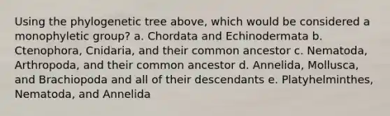 Using the phylogenetic tree above, which would be considered a monophyletic group? a. Chordata and Echinodermata b. Ctenophora, Cnidaria, and their common ancestor c. Nematoda, Arthropoda, and their common ancestor d. Annelida, Mollusca, and Brachiopoda and all of their descendants e. Platyhelminthes, Nematoda, and Annelida