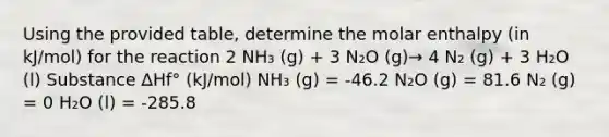 Using the provided table, determine the molar enthalpy (in kJ/mol) for the reaction 2 NH₃ (g) + 3 N₂O (g)→ 4 N₂ (g) + 3 H₂O (l) Substance ∆Hf° (kJ/mol) NH₃ (g) = -46.2 N₂O (g) = 81.6 N₂ (g) = 0 H₂O (l) = -285.8