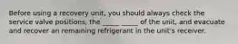 Before using a recovery unit, you should always check the service valve positions, the _____ _____ of the unit, and evacuate and recover an remaining refrigerant in the unit's receiver.