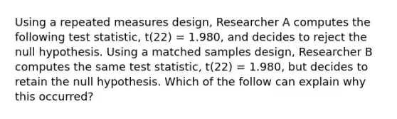 Using a repeated measures design, Researcher A computes the following test statistic, t(22) = 1.980, and decides to reject the null hypothesis. Using a matched samples design, Researcher B computes the same test statistic, t(22) = 1.980, but decides to retain the null hypothesis. Which of the follow can explain why this occurred?