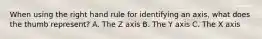 When using the right hand rule for identifying an axis, what does the thumb represent? A. The Z axis B. The Y axis C. The X axis