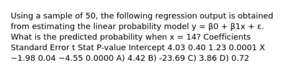 Using a sample of 50, the following regression output is obtained from estimating the linear probability model y = β0 + β1x + ε. What is the predicted probability when x = 14? Coefficients Standard Error t Stat P-value Intercept 4.03 0.40 1.23 0.0001 X −1.98 0.04 −4.55 0.0000 A) 4.42 B) -23.69 C) 3.86 D) 0.72