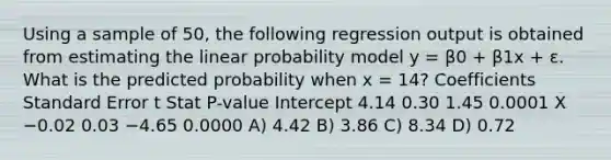 Using a sample of 50, the following regression output is obtained from estimating the linear probability model y = β0 + β1x + ε. What is the predicted probability when x = 14? Coefficients Standard Error t Stat P-value Intercept 4.14 0.30 1.45 0.0001 X −0.02 0.03 −4.65 0.0000 A) 4.42 B) 3.86 C) 8.34 D) 0.72