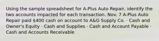 Using the sample spreadsheet for A-Plus Auto Repair, identify the two accounts impacted for each transaction. Nov. 7 A-Plus Auto Repair paid 400 cash on account to A&G Supply Co. · Cash and Owner's Equity · Cash and Supplies · Cash and Account Payable · Cash and Accounts Receivable