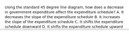 Using the standard 45 degree line diagram, how does a decrease in government expenditure affect the expenditure schedule? A. It decreases the slope of the expenditure schedule B. It increases the slope of the expenditure schedule C. It shifts the expenditure schedule downward D. It shifts the expenditure schedule upward