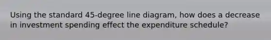 Using the standard 45-degree line diagram, how does a decrease in investment spending effect the expenditure schedule?