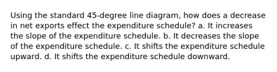 Using the standard 45-degree line diagram, how does a decrease in net exports effect the expenditure schedule? a. It increases the slope of the expenditure schedule. b. It decreases the slope of the expenditure schedule. c. It shifts the expenditure schedule upward. d. It shifts the expenditure schedule downward.