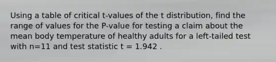 Using a table of critical​ t-values of the t​ distribution, find the range of values for the​ P-value for testing a claim about the mean body temperature of healthy adults for a​ left-tailed test with n=11 and test statistic t = 1.942 .