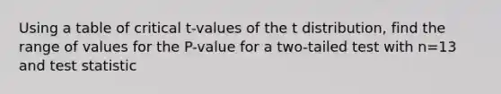 Using a table of critical​ t-values of the t​ distribution, find the range of values for the​ P-value for a​ two-tailed test with n=13 and test statistic