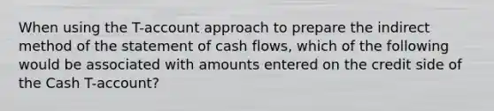 When using the T-account approach to prepare the indirect method of the statement of cash flows, which of the following would be associated with amounts entered on the credit side of the Cash T-account?