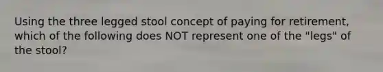 Using the three legged stool concept of paying for retirement, which of the following does NOT represent one of the "legs" of the stool?