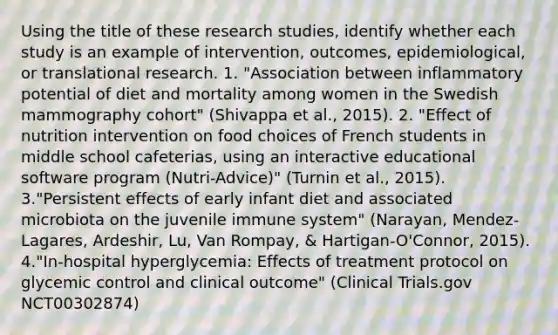 Using the title of these research studies, identify whether each study is an example of intervention, outcomes, epidemiological, or translational research. 1. "Association between inflammatory potential of diet and mortality among women in the Swedish mammography cohort" (Shivappa et al., 2015). 2. "Effect of nutrition intervention on food choices of French students in middle school cafeterias, using an interactive educational software program (Nutri-Advice)" (Turnin et al., 2015). 3."Persistent effects of early infant diet and associated microbiota on the juvenile immune system" (Narayan, Mendez-Lagares, Ardeshir, Lu, Van Rompay, & Hartigan-O'Connor, 2015). 4."In-hospital hyperglycemia: Effects of treatment protocol on glycemic control and clinical outcome" (Clinical Trials.gov NCT00302874)