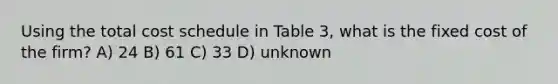 Using the total cost schedule in Table 3, what is the fixed cost of the firm? A) 24 B) 61 C) 33 D) unknown