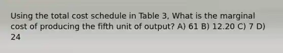 Using the total cost schedule in Table 3, What is the marginal cost of producing the fifth unit of output? A) 61 B) 12.20 C) 7 D) 24