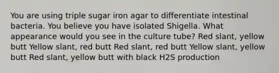 You are using triple sugar iron agar to differentiate intestinal bacteria. You believe you have isolated Shigella. What appearance would you see in the culture tube? Red slant, yellow butt Yellow slant, red butt Red slant, red butt Yellow slant, yellow butt Red slant, yellow butt with black H2S production